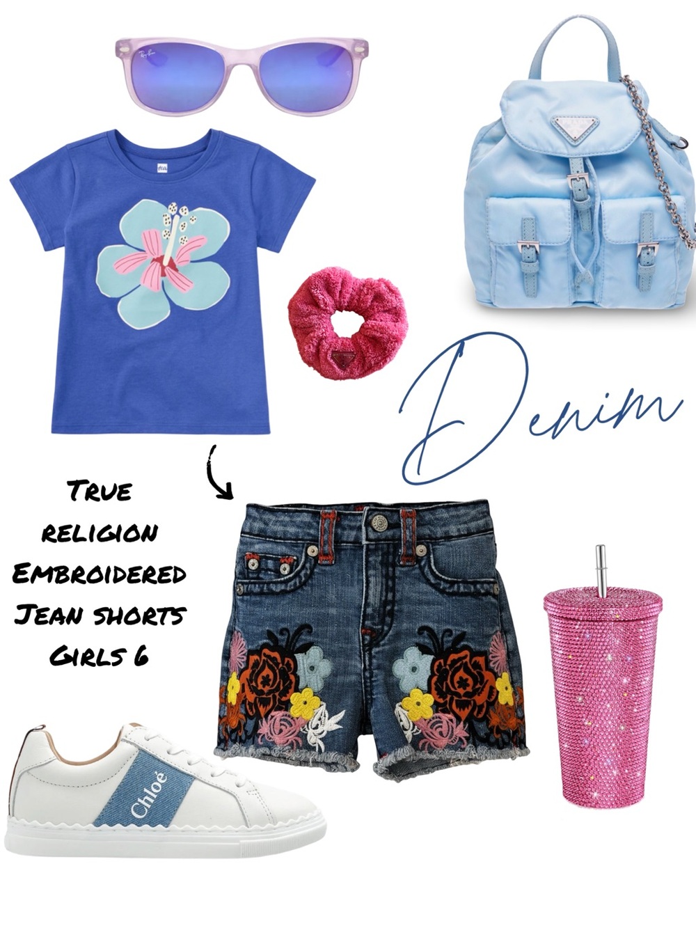 True Religion Girls Denim Embroidered Jean Shorts - Blue with Multicolor Floral